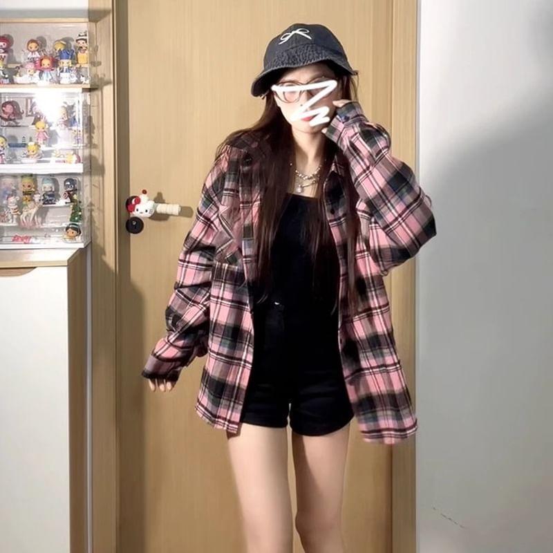 Long-Sleeve Plaid Oversized Shirt Product Image