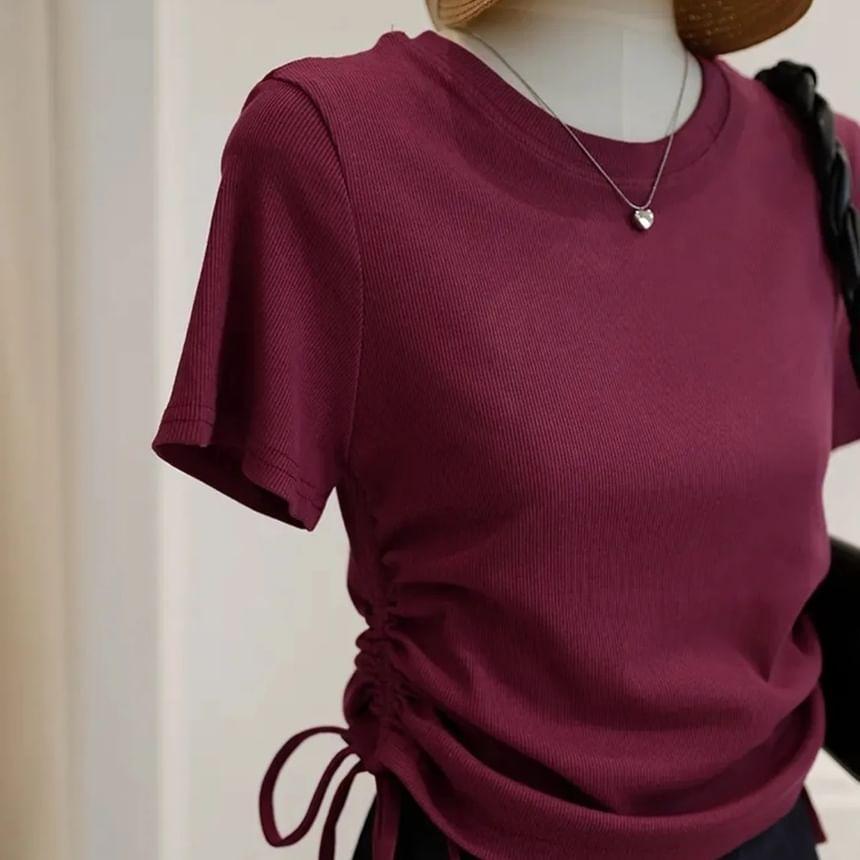 Short-Sleeve Crew Neck Plain Lace Up T-Shirt Product Image