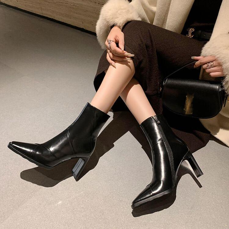 Genuine Leather High Heel Short Boots Product Image