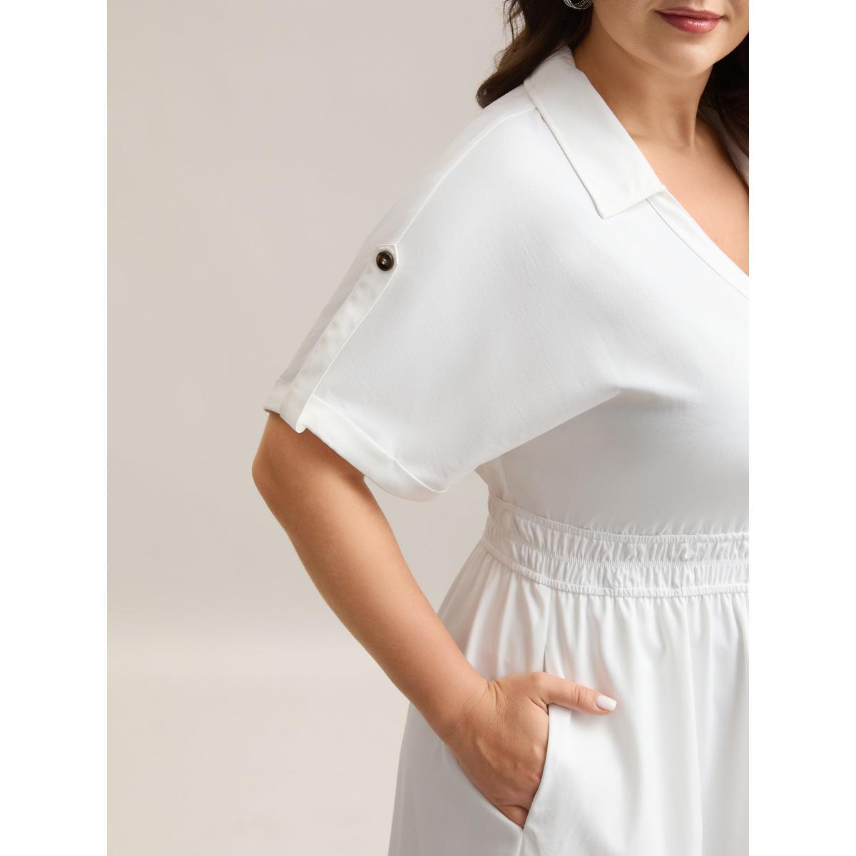 Plus Size Woven Shirred Waist Solid Collar Midi Dress Originalwhite Women Shirt collar Short sleeve Curvy BloomChic 10/M Product Image