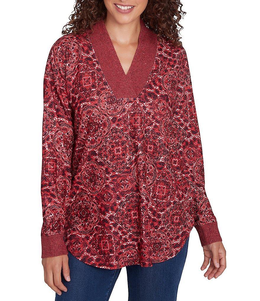Ruby Rd. Knit Leopard Contrast Trim V-Neck Long Sleeve Top Product Image