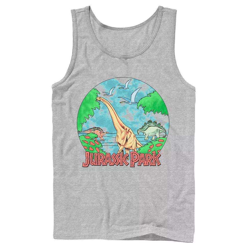 Men's Jurassic Park Retro Globe Watercolor Scene Tank Top, Size: Large, Athletic Grey Product Image