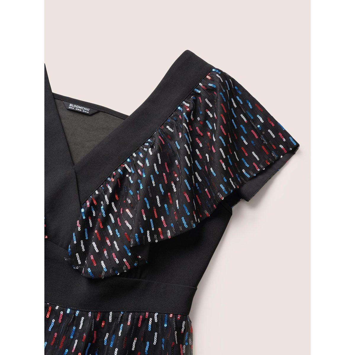 Plus Size Sequin Patchwork Pocket Flutter Cap Sleeve Dress Black Women Cocktail See through V-neck Cap Sleeve Curvy Midi Dress BloomChic 30/6X Product Image