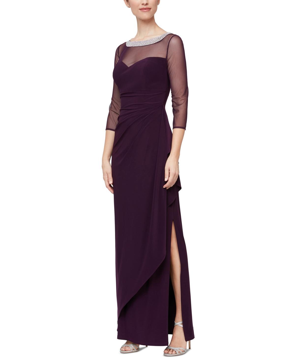 Alex Evenings Illusion Mesh 34 Sleeve Round Neck Side Slit Ruched Gown Product Image