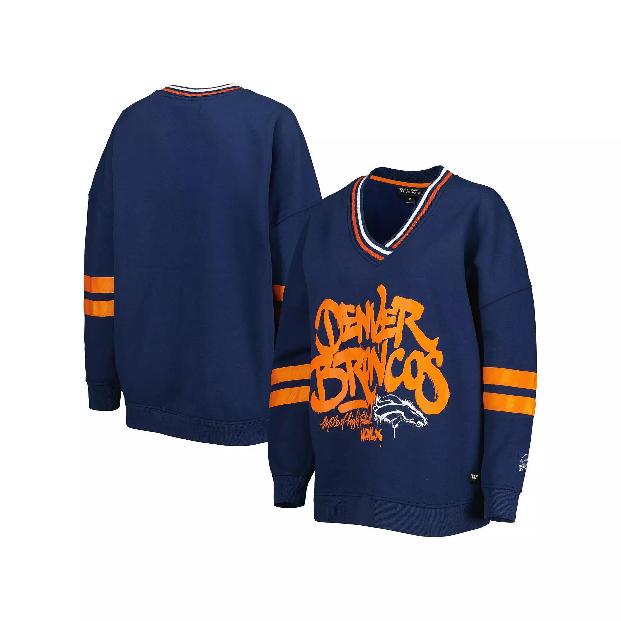 Women's The Wild Collective Navy Denver Broncos Vintage V-Neck Pullover Sweatshirt, Size: Small, Blue Product Image