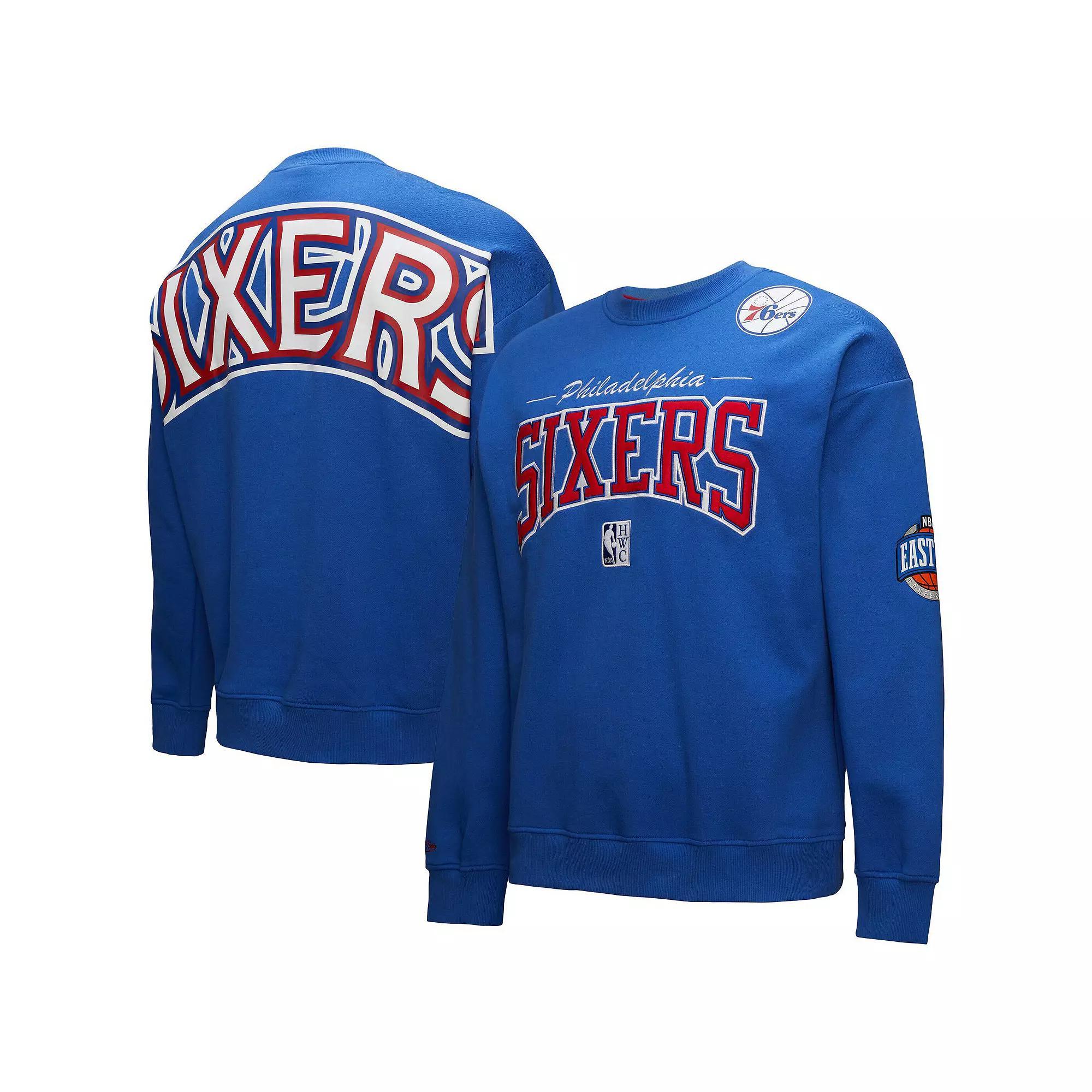 Men's Mitchell & Ness Royal Philadelphia 76ers Hardwood Classics There & Back 2.0 Vintage Pullover Sweatshirt, Size: 3XL, 76r Blue Product Image