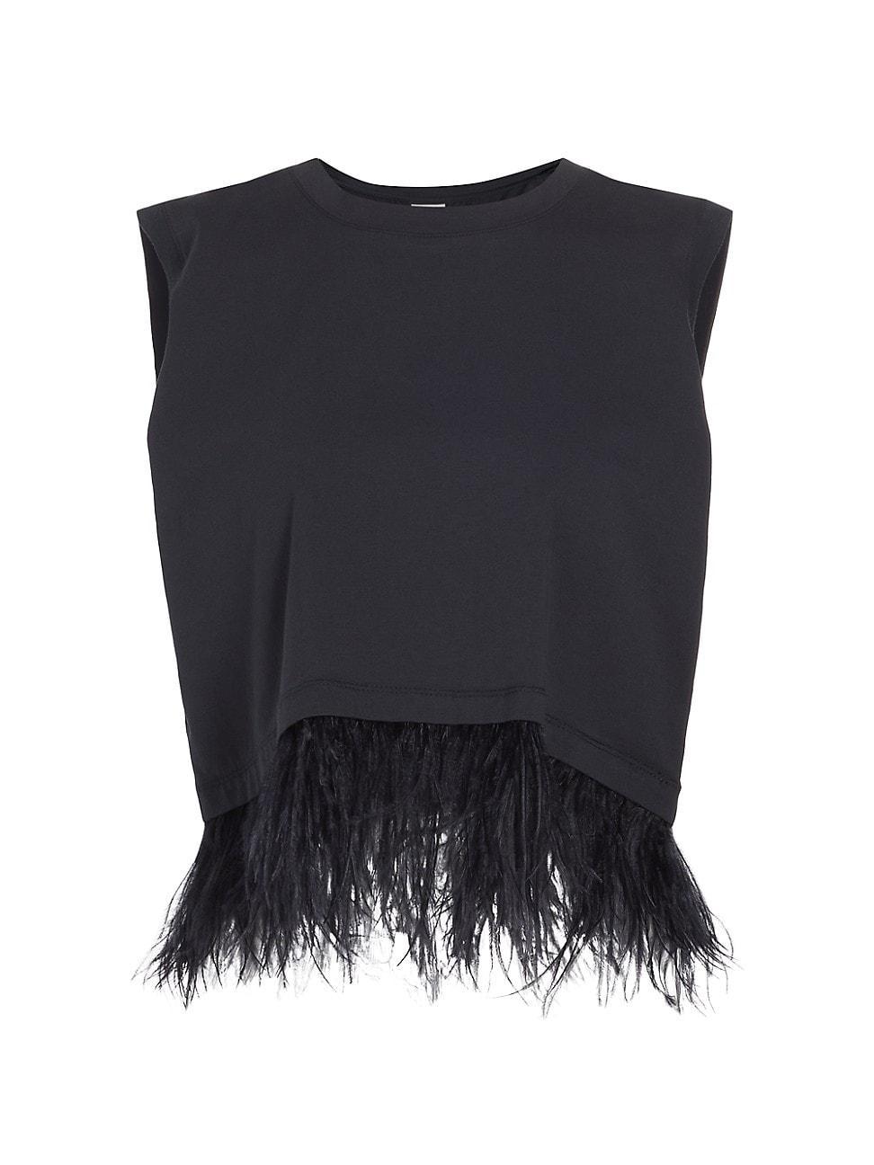 Womens Feather-Trimmed Stretch-Cotton Crop T-Shirt Product Image