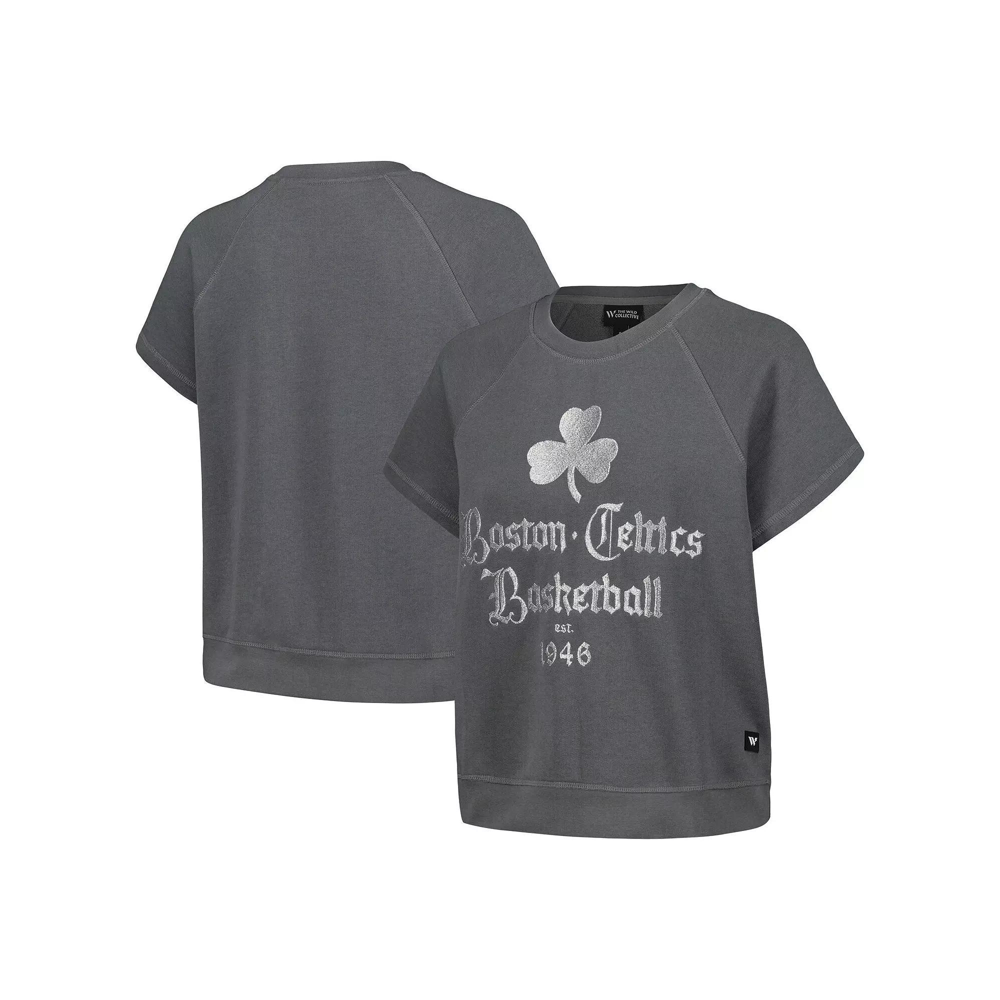 Women's The Wild Collective Gray Boston Celtics Embroidered Fleece Raglan Short Sleeve Pullover Sweatshirt, Size: Medium, Grey Product Image