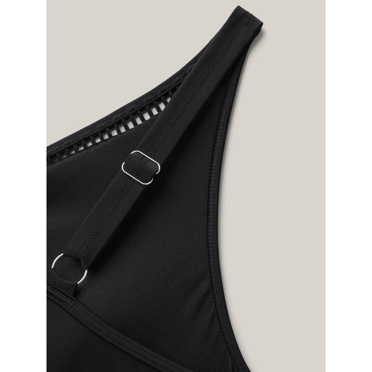 Plus Size Cut-Out Surplice Neck Webbed Swim Dress Women's Swimwear Black Beach Bodycon Overlap Collar High stretch Curve Swim Dresses BloomChic 12/L Product Image
