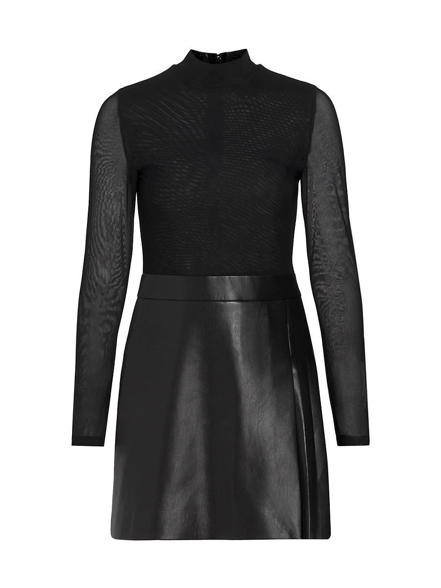 Alice and Olivia Chara Long Sleeve Mesh & Faux Leather Mini Dress Product Image