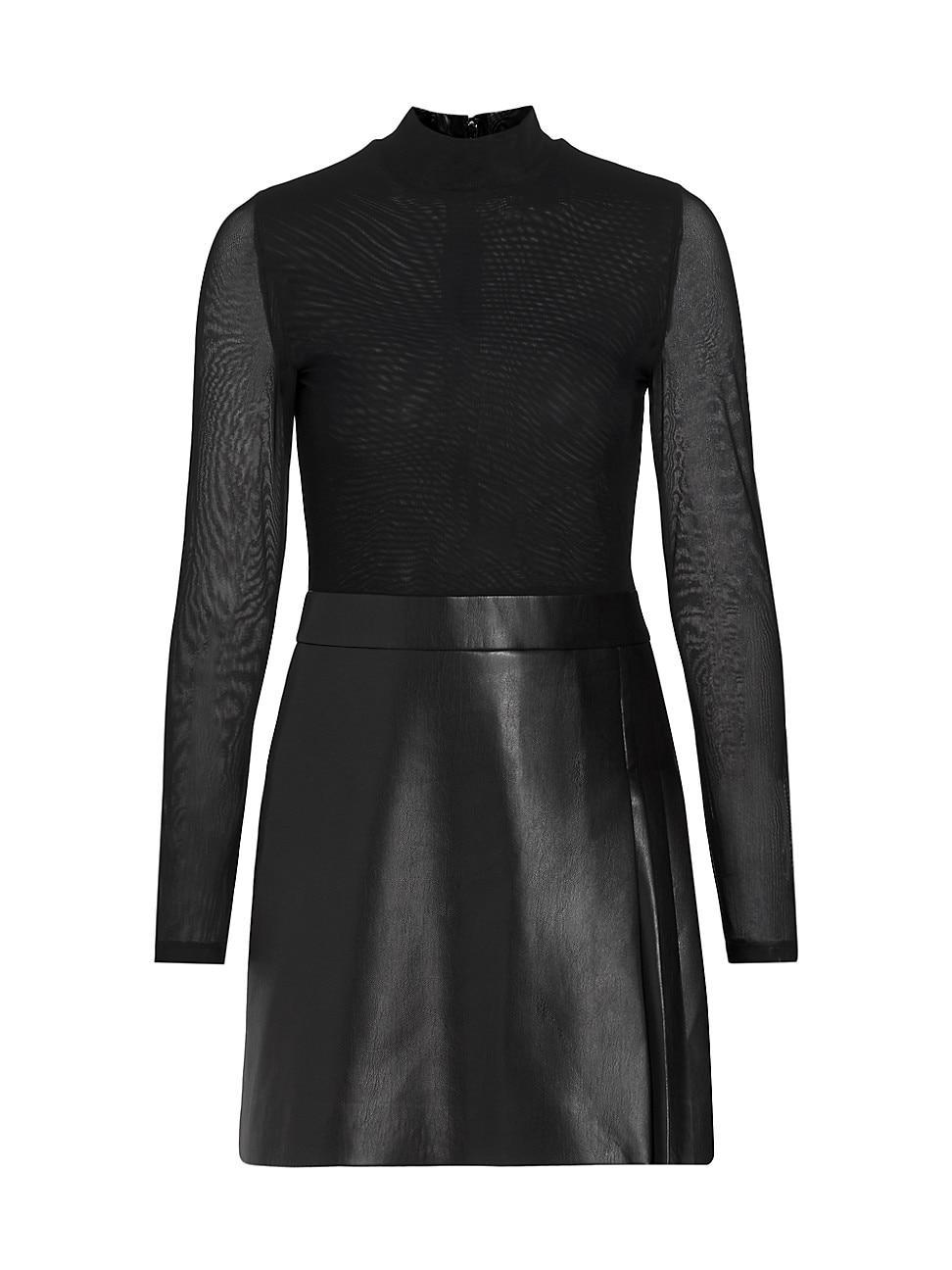Alice and Olivia Chara Long Sleeve Mesh & Faux Leather Mini Dress Product Image