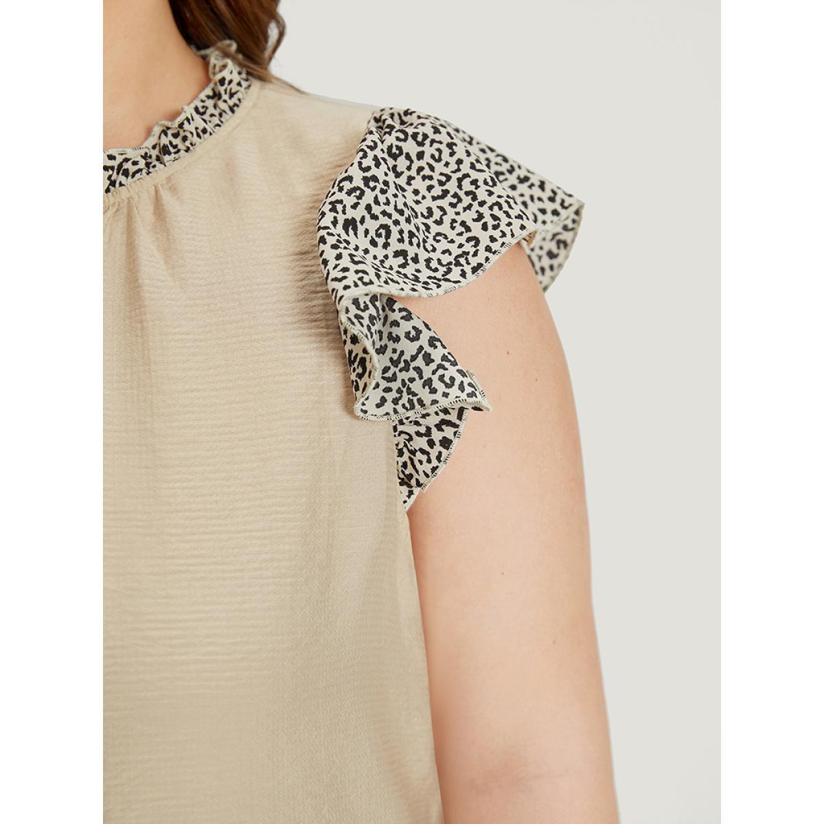 Plus Size Apricot Leopard Patchwork Halter Frill Trim Flutter Sleeve Blouse Women Elegant Cap Sleeve Halter neck Dailywear Blouses BloomChic 30/6X Product Image