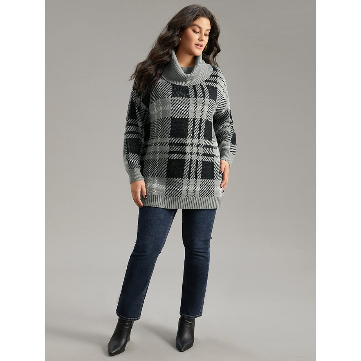 Plus Size Plaid Turtle Neck Drop Shoulder Pullover Multicolor Women Casual Loose Long Sleeve Turtleneck Dailywear Pullovers BloomChic 18-20/2X Product Image