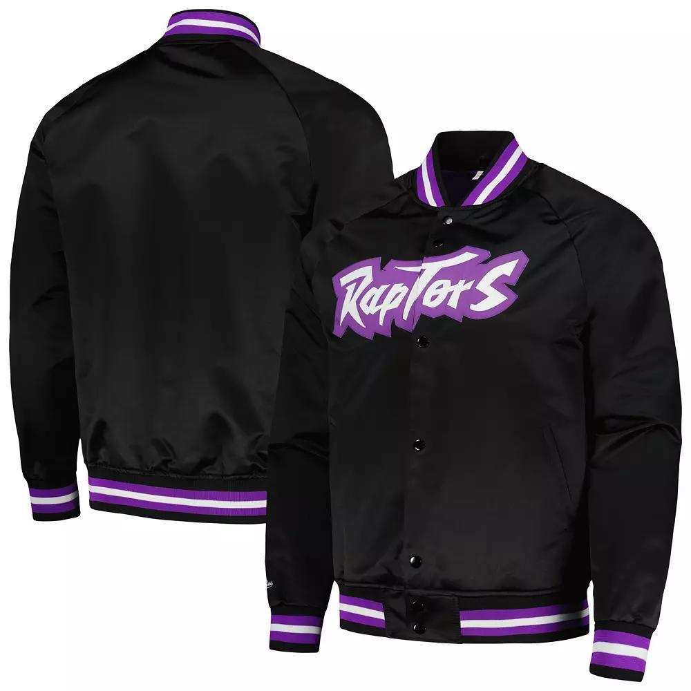 Men's Mitchell & Ness Black Toronto Raptors Hardwood Classics  Throwback Wordmark Raglan Full-Snap Jacket, Size: Large, Rpt Black Product Image