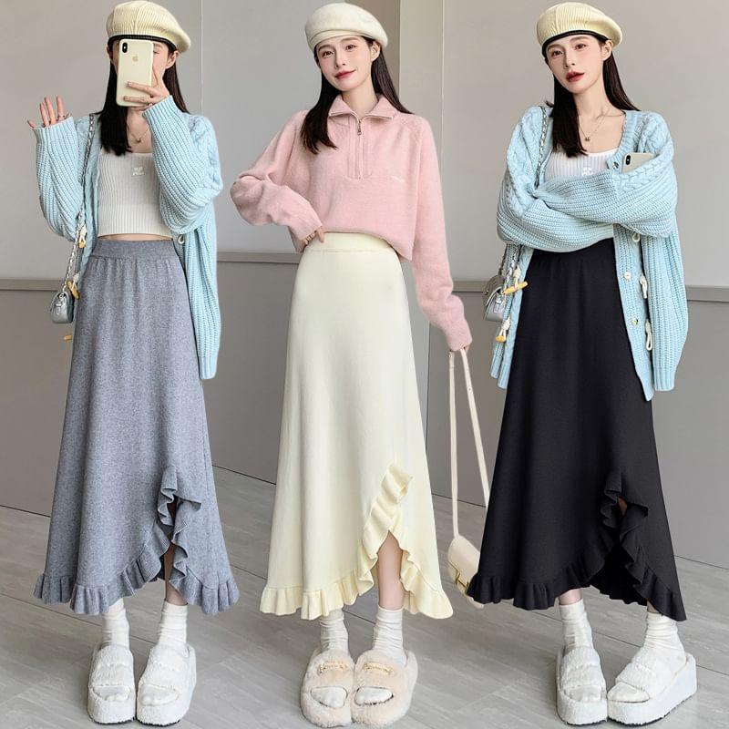Elastic Waist Ruffle Trim Slit Midi A-Line Skirt Product Image