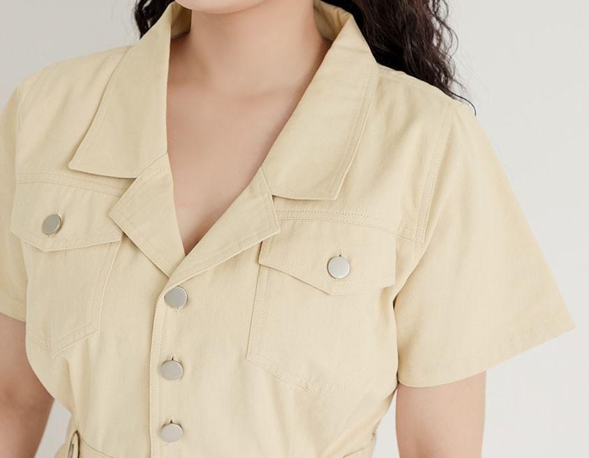 Short Sleeve V-Neck Plain Slim-Fit Cargo Mini A-Line Dress Product Image