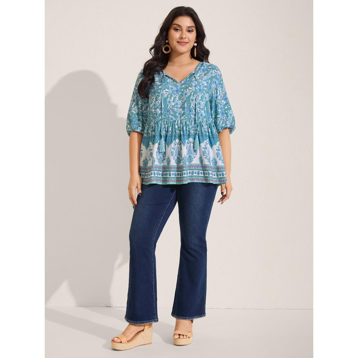 Plus Size Turquoise Boho Floral Print Color Contrast Blouse Women Elbow-length sleeve V-neck Vacation Blouses BloomChic 28/5X Product Image
