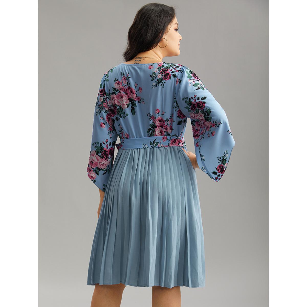Plus Size Floral Print Bell Sleeve Belted Pleated Hem Dress LightBlue Women Elegant Wrap Overlap Collar Elbow-length sleeve Curvy Knee Dress BloomChic 26/4X Product Image