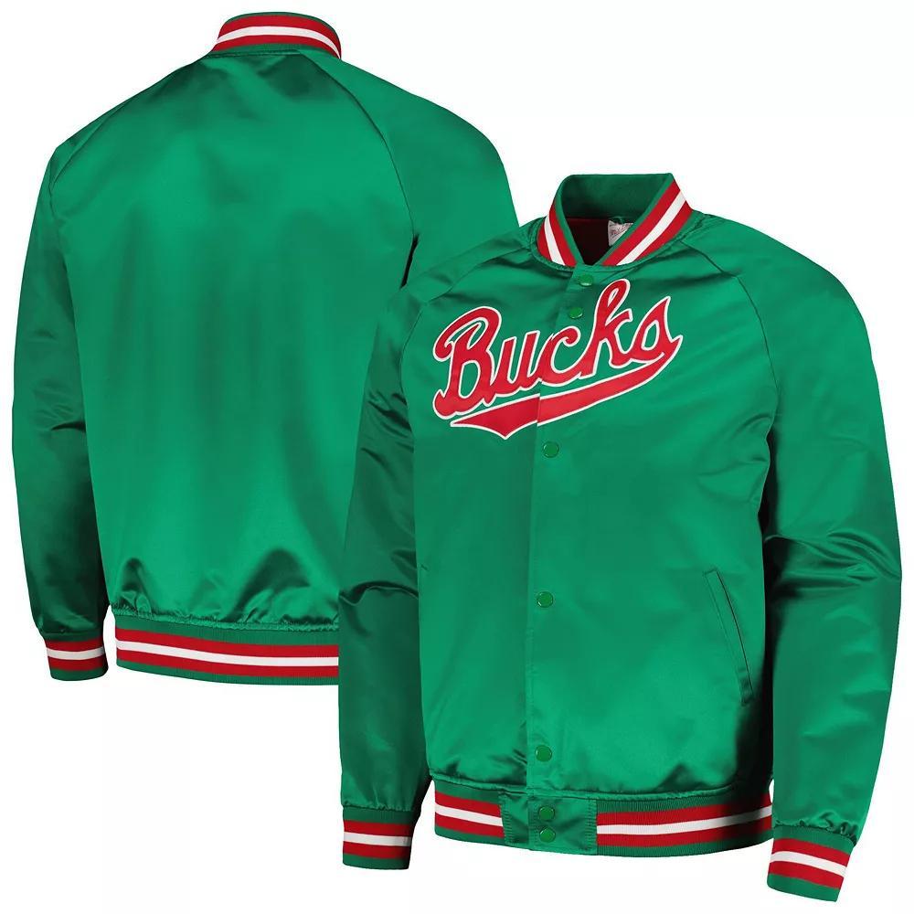 Men's Mitchell & Ness Green Milwaukee Bucks Hardwood Classics Throwback Wordmark Raglan Full-Snap Jacket, Size: XL Product Image