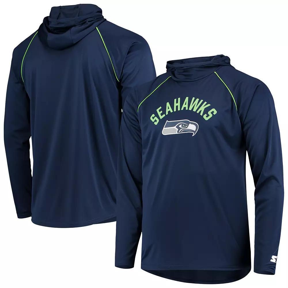 Men's Starter Navy Seattle Seahawks Raglan Long Sleeve Hoodie T-Shirt, Size: 3XL, Blue Product Image