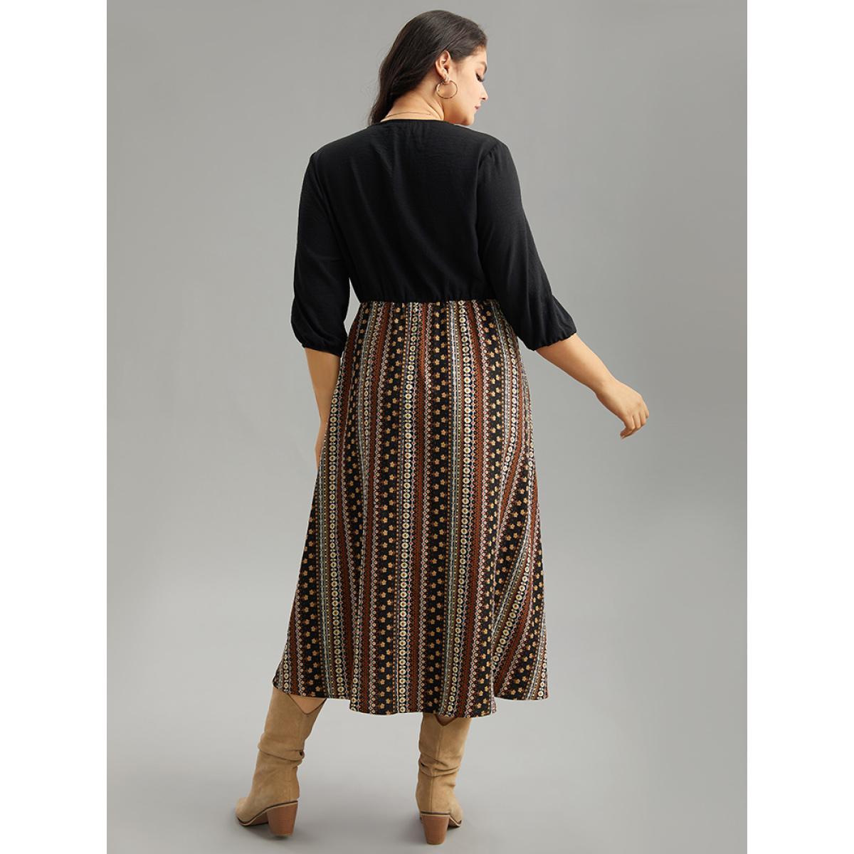 Plus Size Bandana Striped Patchwork Wrap Dress Black Women Vacation Elastic cuffs V-neck Elbow-length sleeve Curvy Midi Dress BloomChic 14-16/1X Product Image