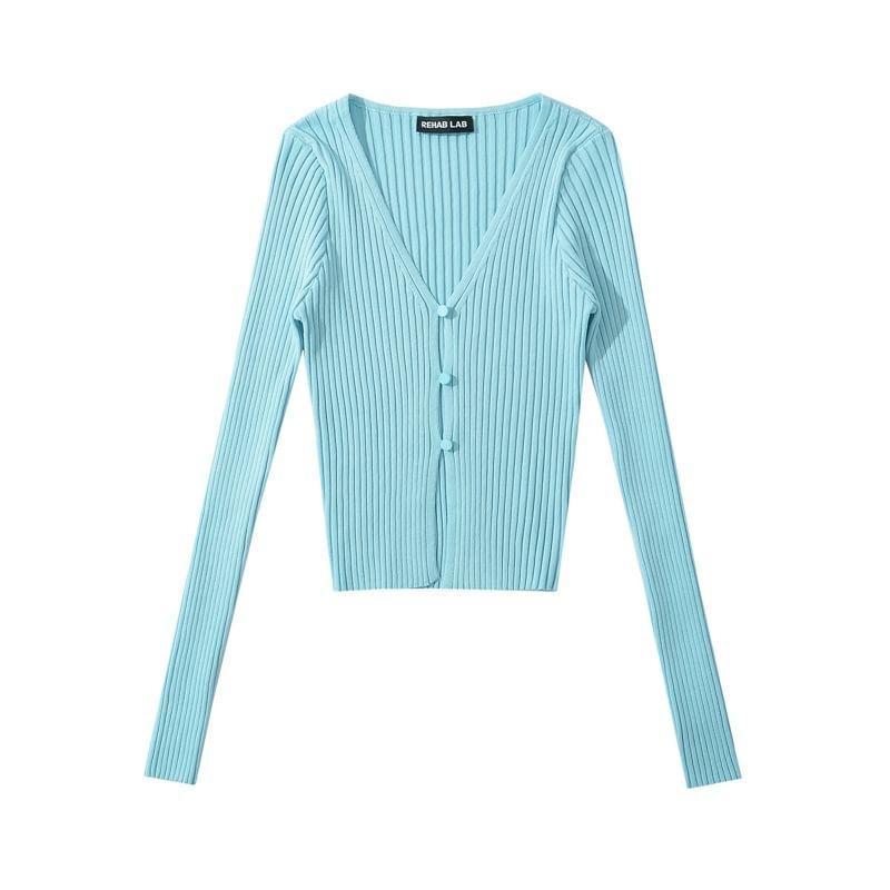 Long Sleeve V-Neck Plain Button Up Cropped Knit Top Product Image