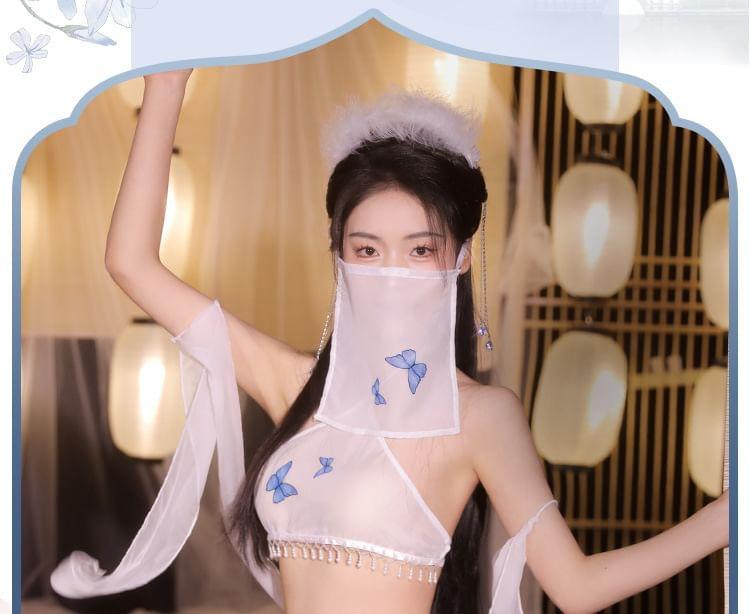 Set: Halter Butterfly Print Fringed Camisole + G-String + Cover Up Skirt + Shawl + Face Veil Product Image