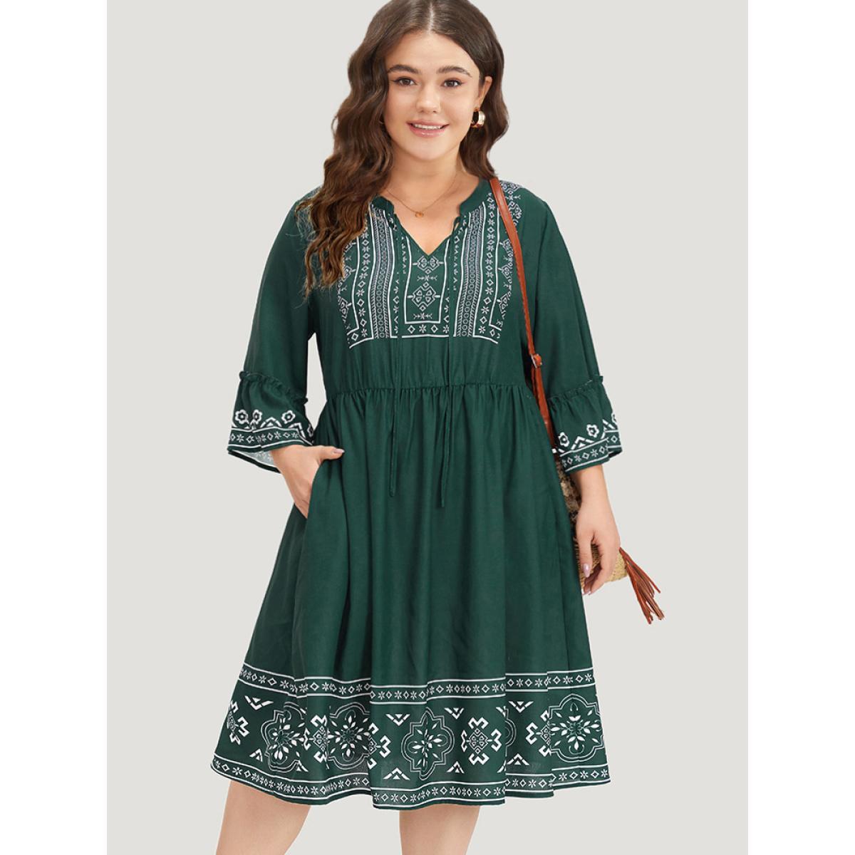 Plus Size Bandana Print Knot Neck Frill Trim Bell Sleeve Dress Black Women Vacation Cross straps Notched collar Half Sleeve Curvy Midi Dress BloomChic 18-20/2X Product Image