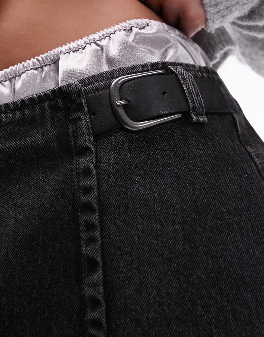 Topshop denim mini wrap skirt with buckle in washed black Product Image