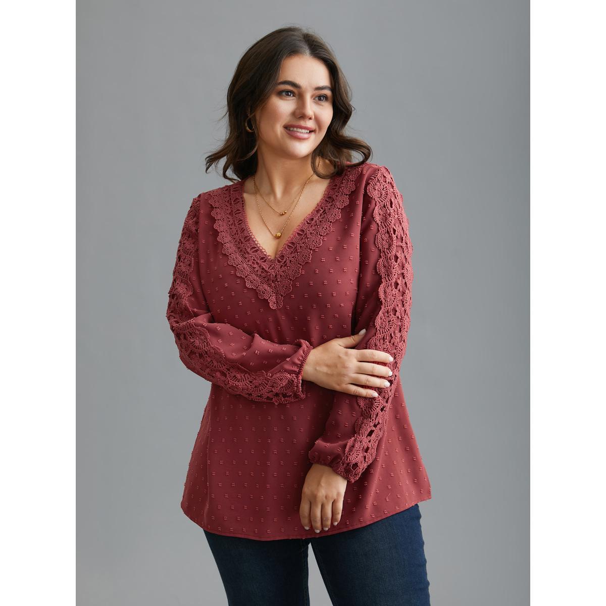 Plus Size Russet Lace Trim V-Neck Textured Blouse Women Elegant Long Sleeve V-neck Everyday Blouses BloomChic 14-16/1X Product Image