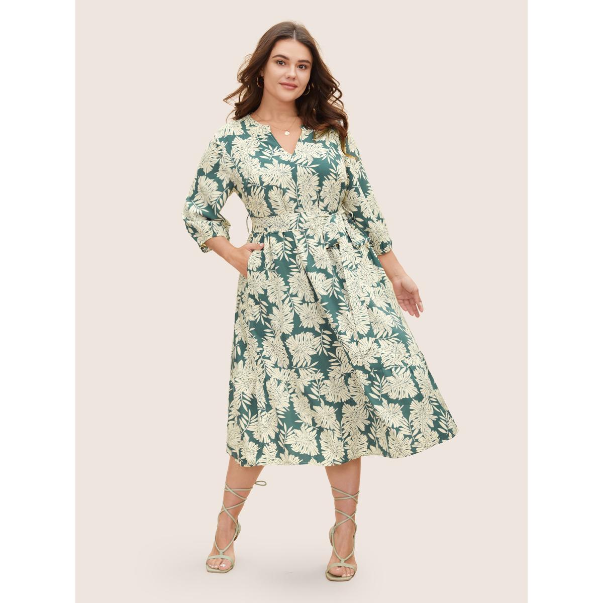 Plus Size Tropical Print Belted Gathered Lantern Sleeve Dress Teal Women Resort Gathered Flat collar with V-notch Elbow-length sleeve Curvy BloomChic 14-16/1X Product Image