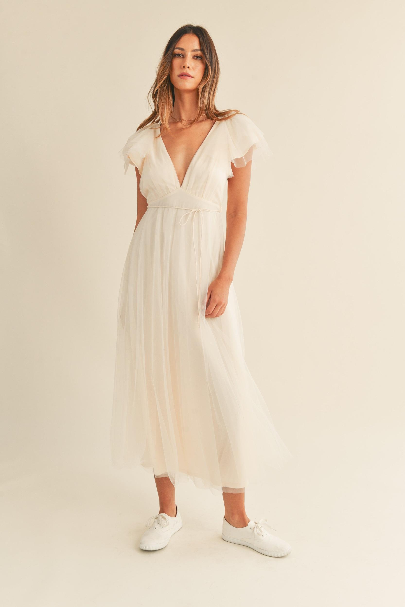 Tulle V neck Ruffle Sleeve Midi Dress Product Image