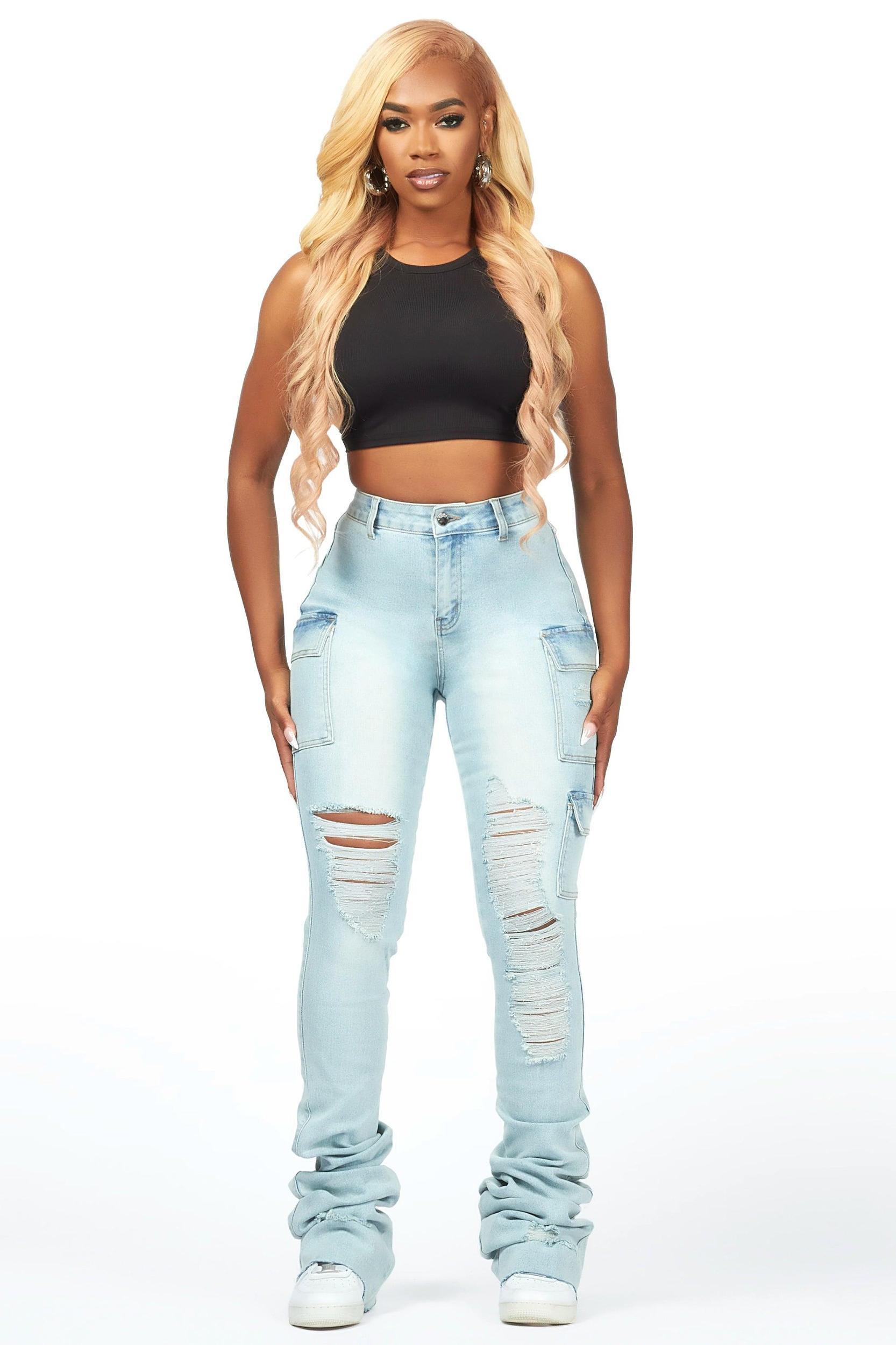 Vixen Tinted Light Wash Distressed Cargo Super Stacked Jean Female Product Image