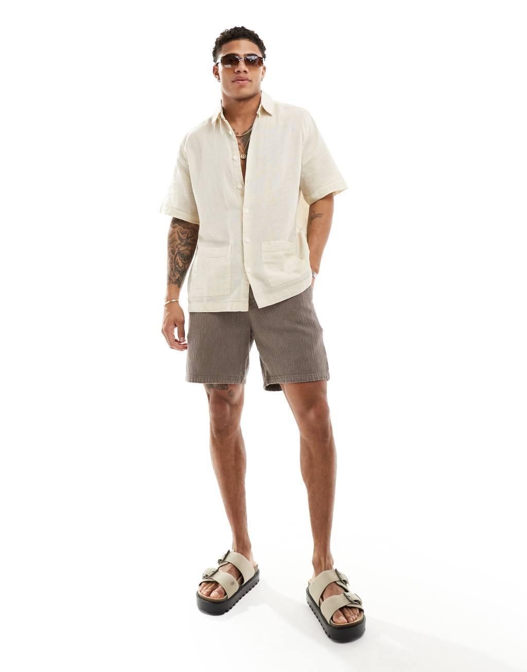 ASOS DESIGN relaxed textured shirt with patch pockets in sand Product Image