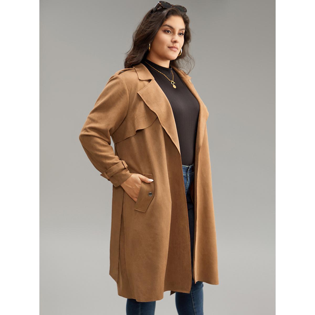Plus Size Solid Button Detail Knot Belted Coat Women Chocolate Work From Home Plain Ladies Work Winter Coats BloomChic 10/M Product Image