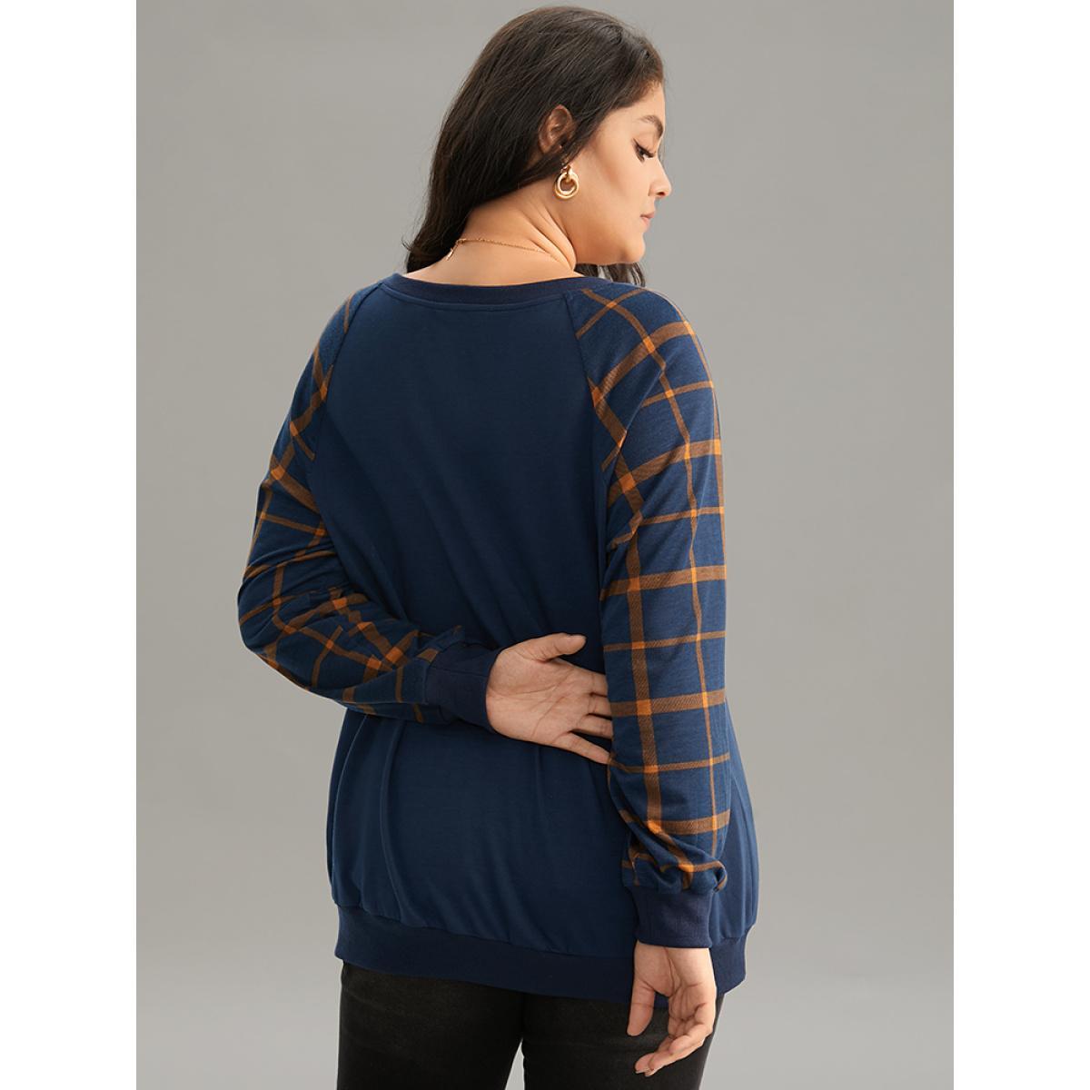 Plus Size Plaid Two Tone Patchwork Rib Knit Sweatshirt Women Indigo Elegant Rib Knit Round Neck Dailywear Sweatshirts BloomChic 10/M Product Image