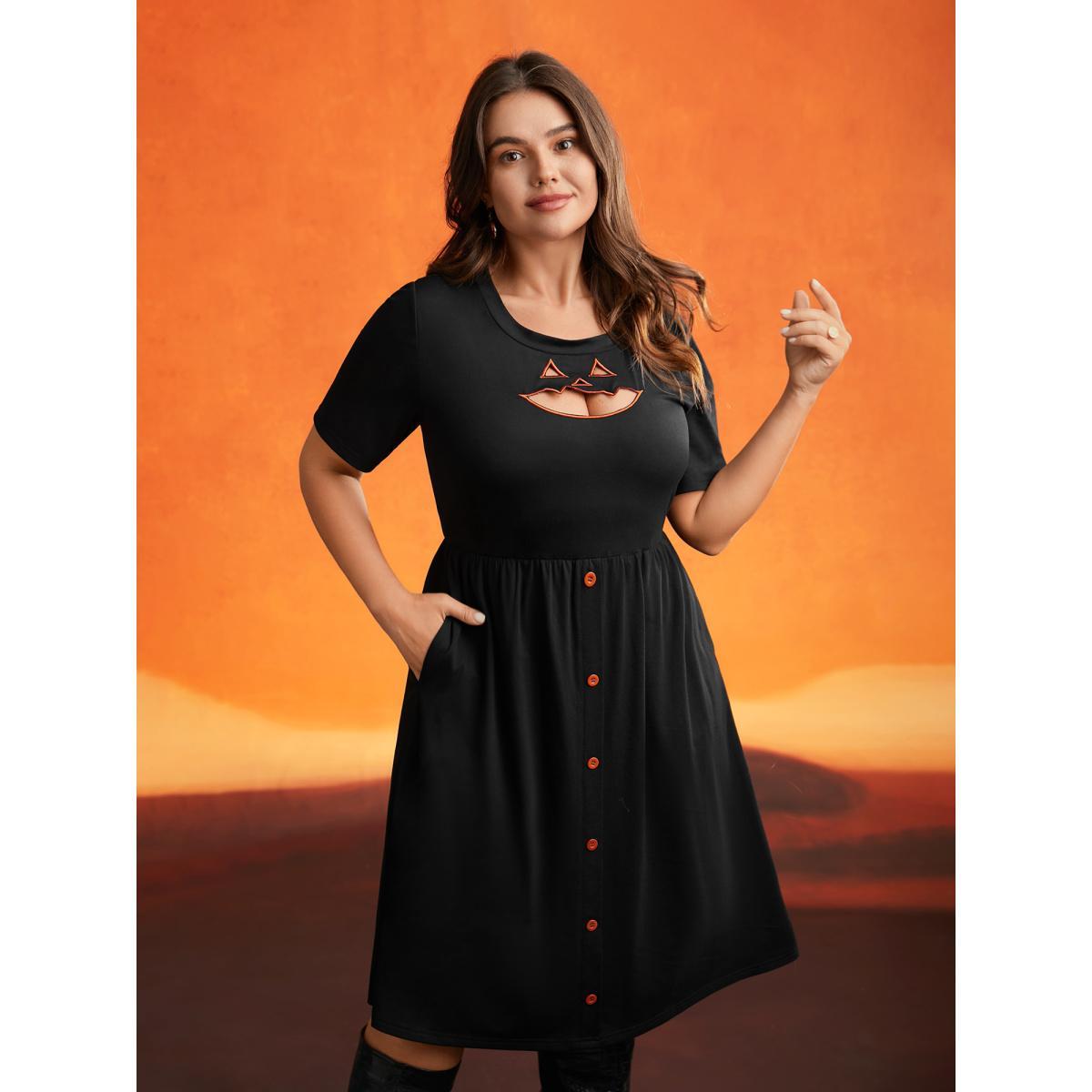 Plus Size Stretch Fabric Pumpkin Cut Out Midi Dress Black Women Cocktail Button Party Curvy Bloomchic 10/M Product Image