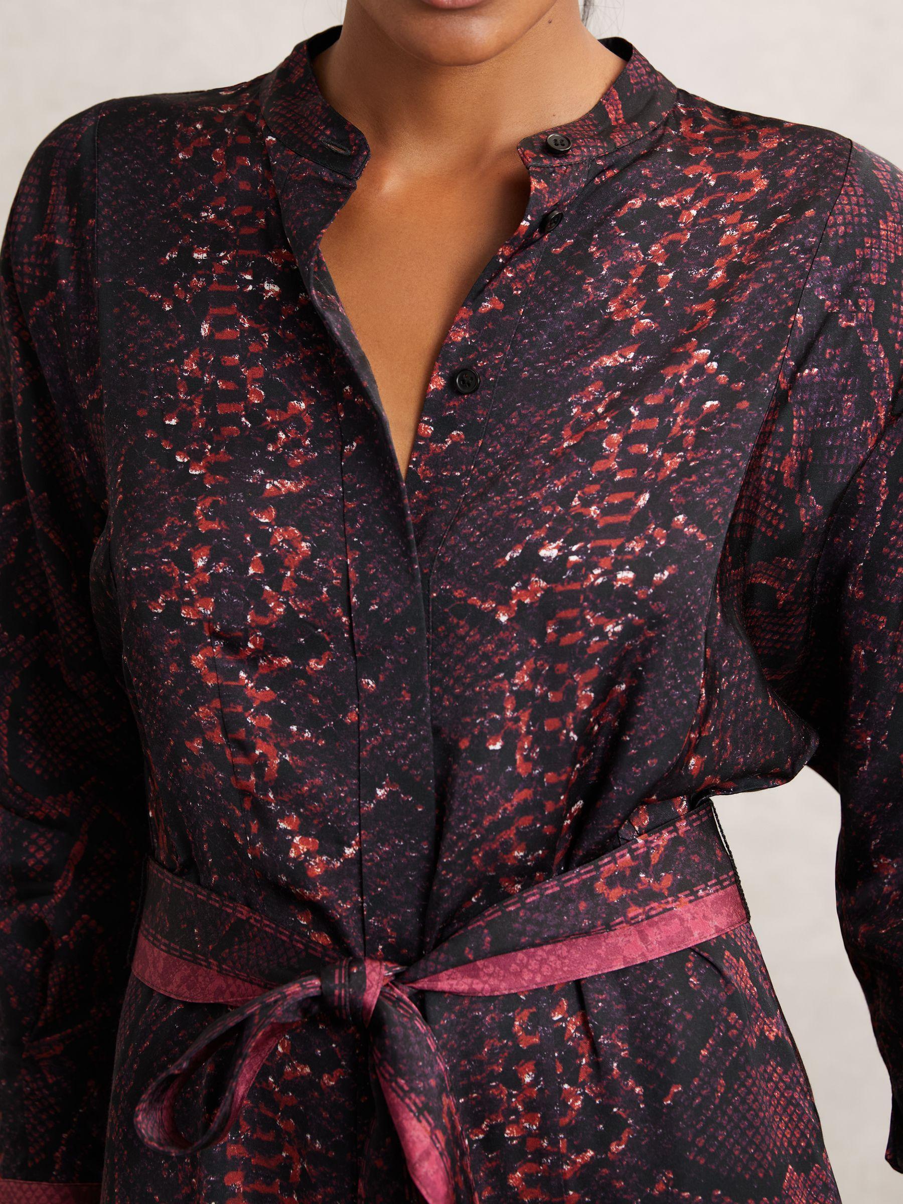 Snake-Print Belted Shirt Dress in Burgundy/Black Product Image