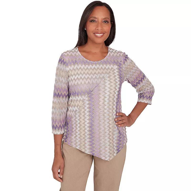 Petite Alfred Dunner Sparkly Zig Zag Stripe 3/4-Sleeve Top, Women's, Size: Small Petite, Multi Purple Product Image