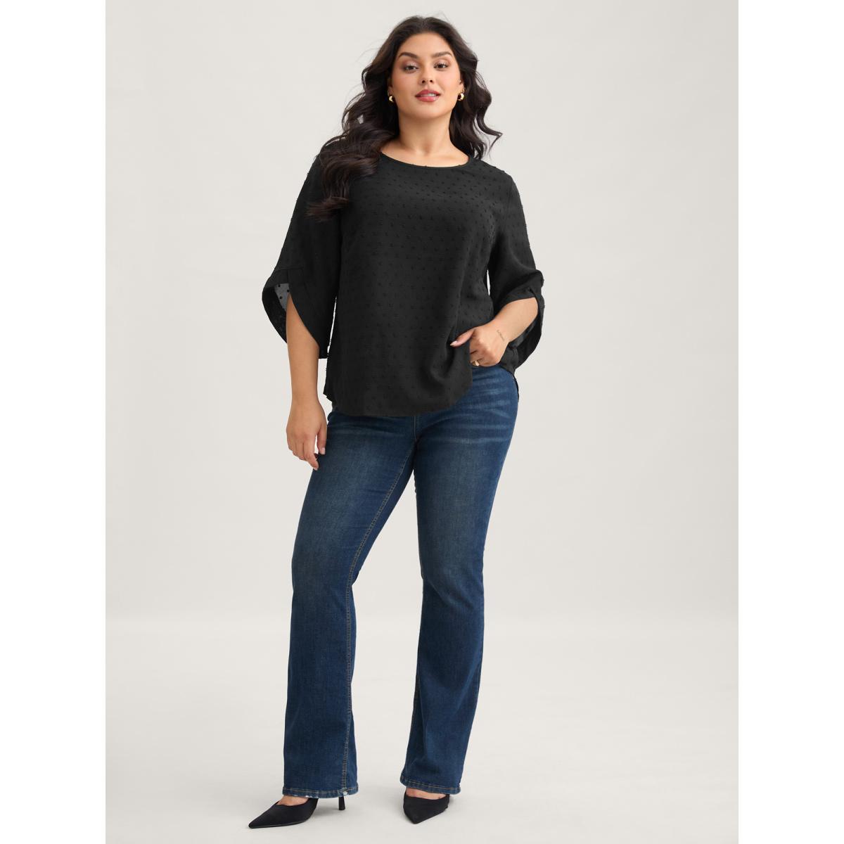 Plus Size Black Textured Round Neck Bell Sleeve Blouse Women Elegant Elbow-length sleeve Round Neck Everyday Blouses BloomChic 12/L Product Image