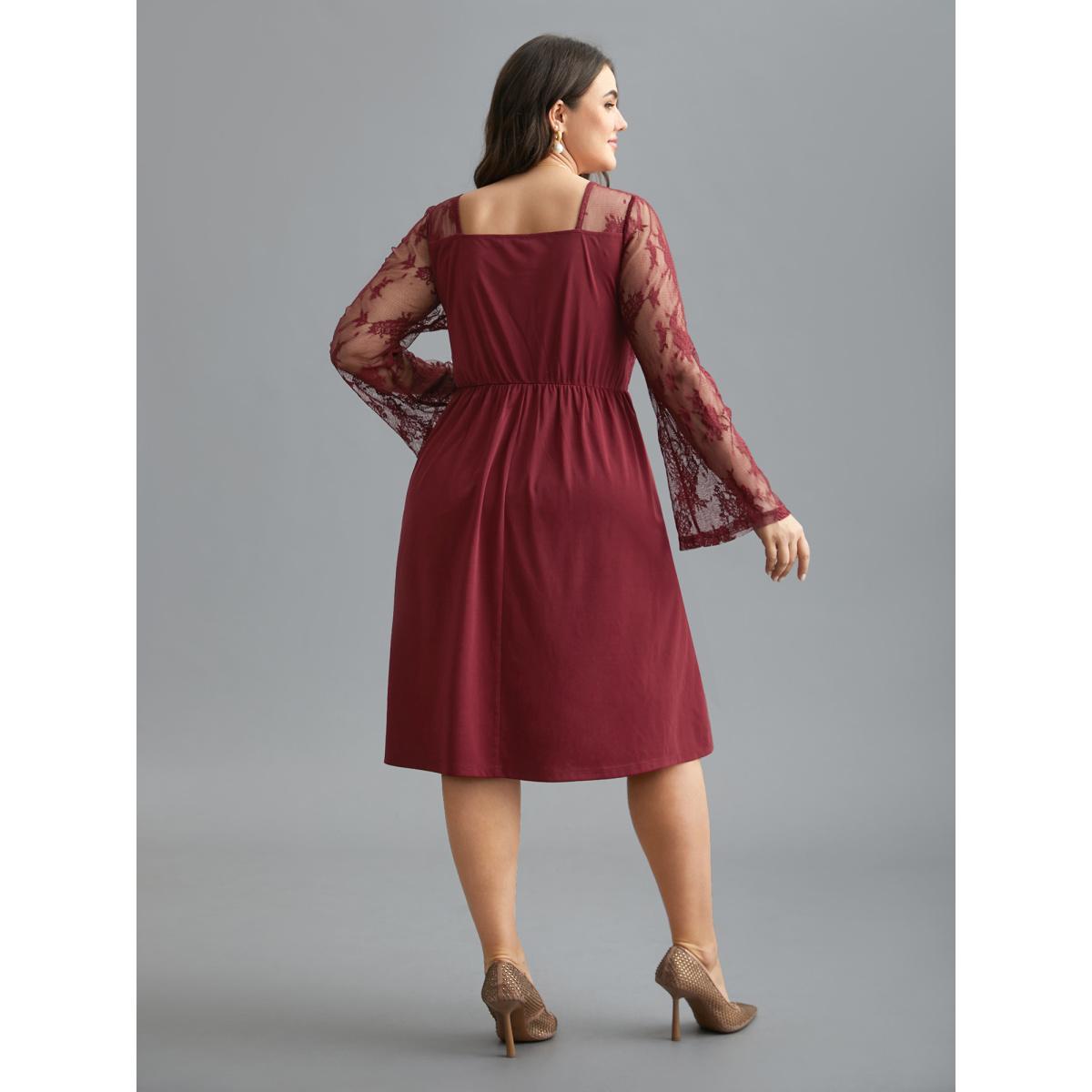 Plus Size Crochet Lace Mesh Bell Sleeve Dress Scarlet Women Elegant Woven ribbon&lace trim Heart neckline Long Sleeve Curvy BloomChic 22-24/3X Product Image