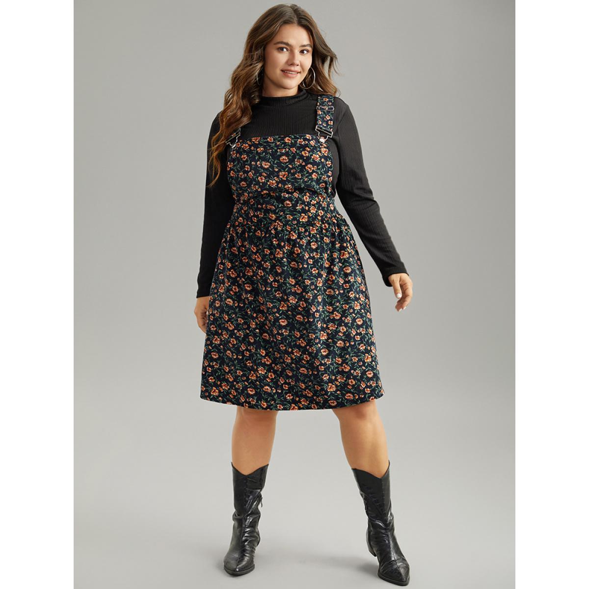 Plus Size Corduroy Ditsy Floral Pocket Adjustable Straps Dress Indigo Women Casual Adjustable Straps Spaghetti Strap Sleeveless Curvy Knee Dress BloomChic 26/4X Product Image