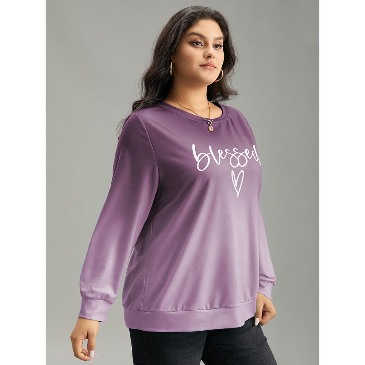 Plus Size Letter Print Ombre Crew Neck Sweatshirt Women Purple Casual Printed Dailywear Sweatshirts BloomChic 12/L Product Image