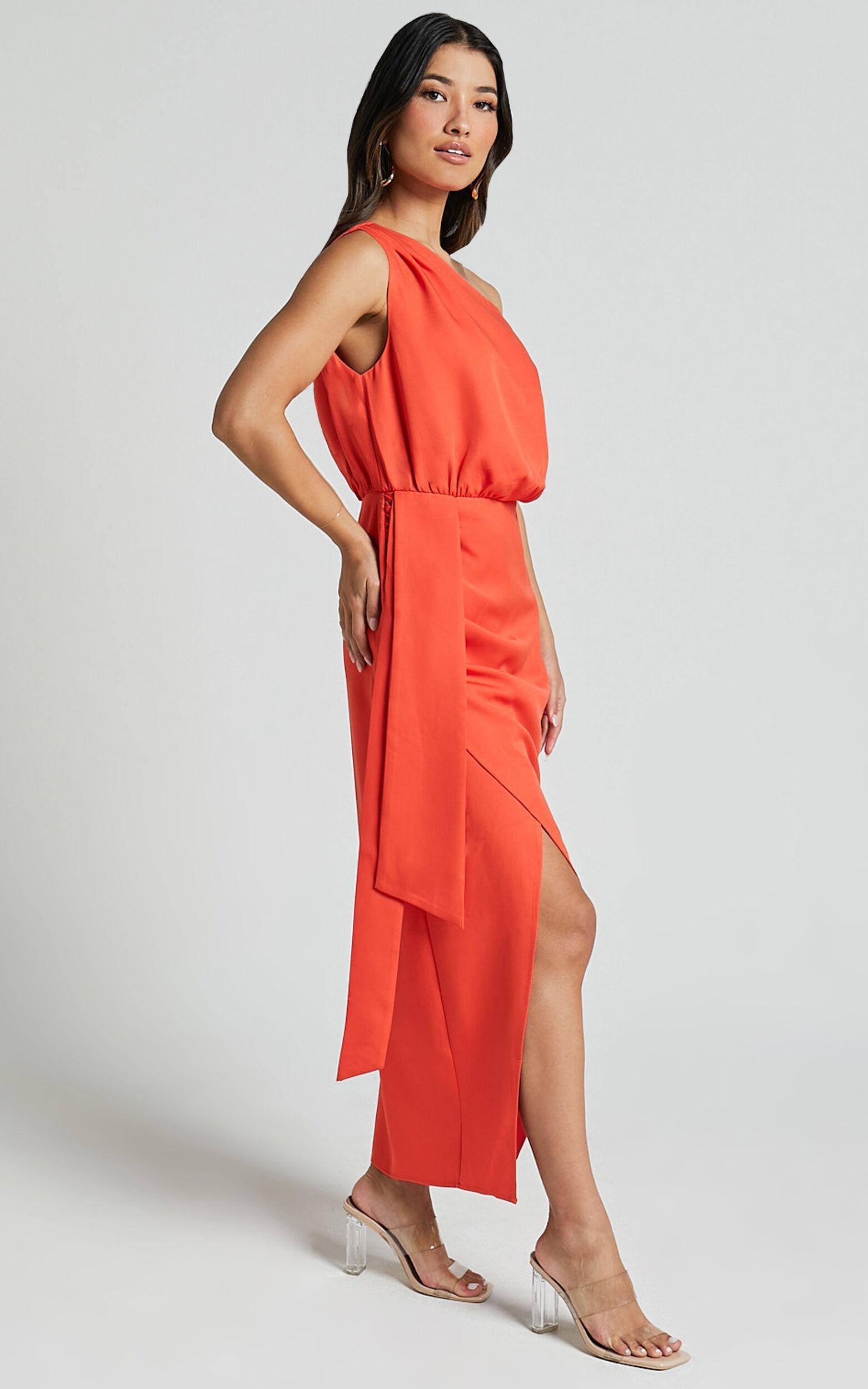 Zuri Midi Dress - One Shoulder Wrap Dress in Orange Product Image