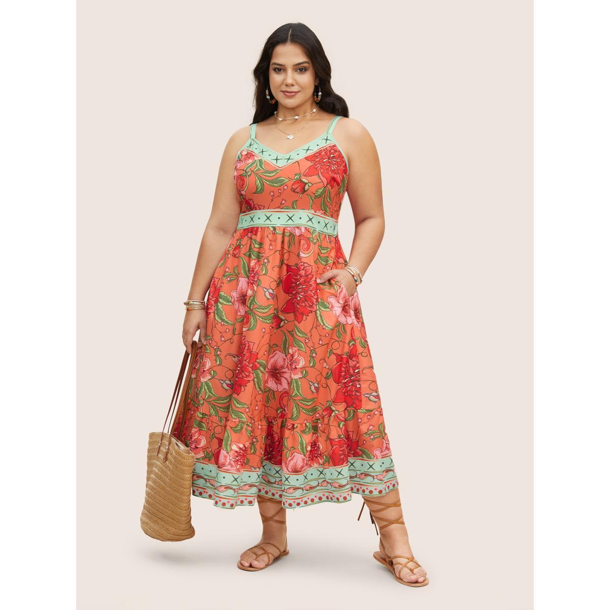 Plus Size Floral Print Elastic Waist Shirred Cami Dress Salmon Women Resort Non V-neck Sleeveless Curvy BloomChic 26/4X Product Image