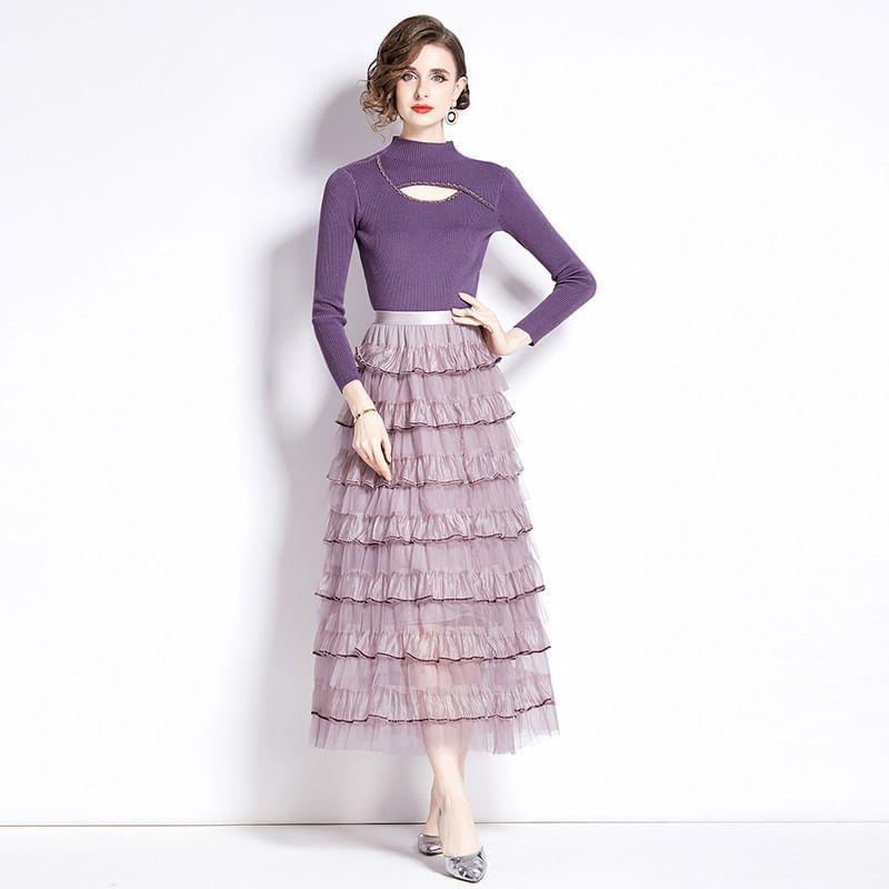 Set: Long Sleeve Mock Neck Plain Beaded Panel Knit Top + High Rise Tiered Mesh Maxi A-Line Skirt Product Image