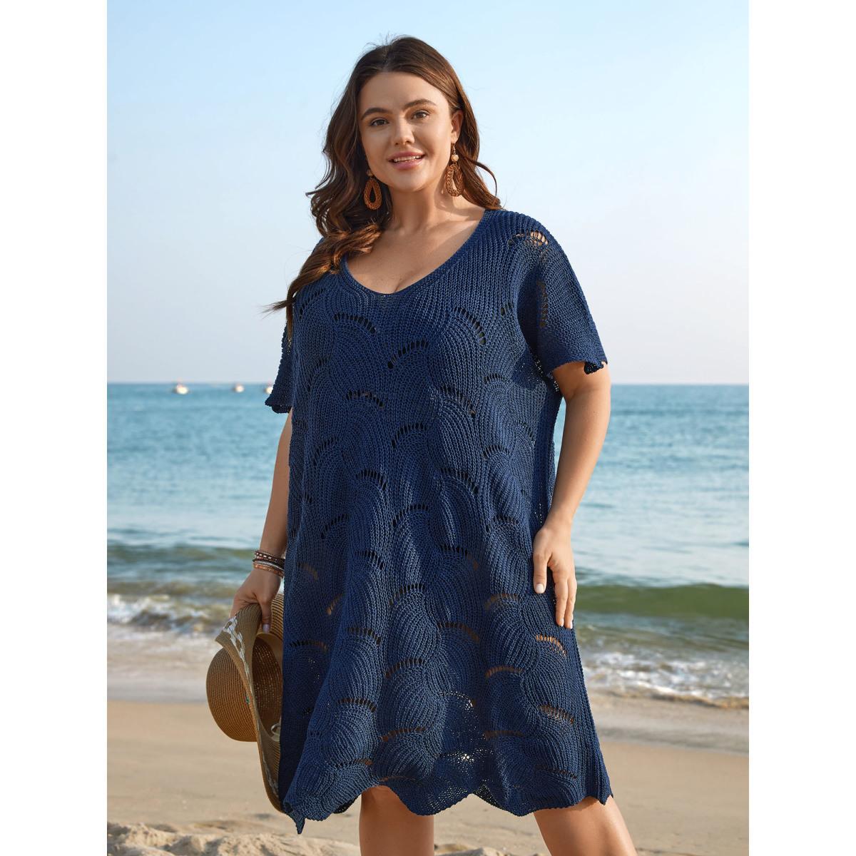 Plus Size Cut-Out Solid V-Neck Swimsuit Coverup Women's Swimwear Indigo Beach Loose Texture Curve Swim Cover Ups BloomChic 22-24/3X Product Image