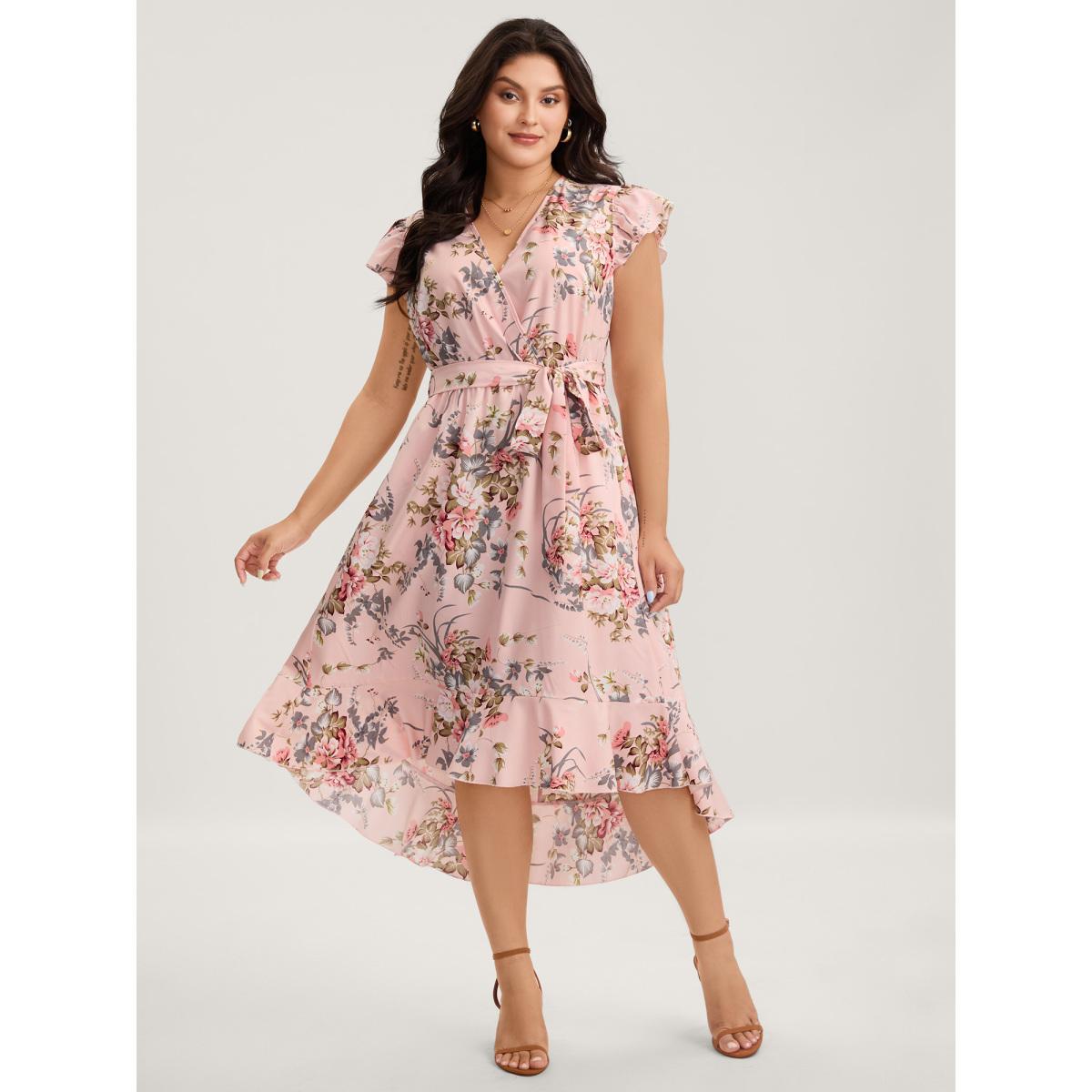 Plus Size Midnight Blooms Wrap A-Line Midi Dress Lightpink Women Overlap Collar Cap Sleeve Curvy BloomChic 28/5X Product Image