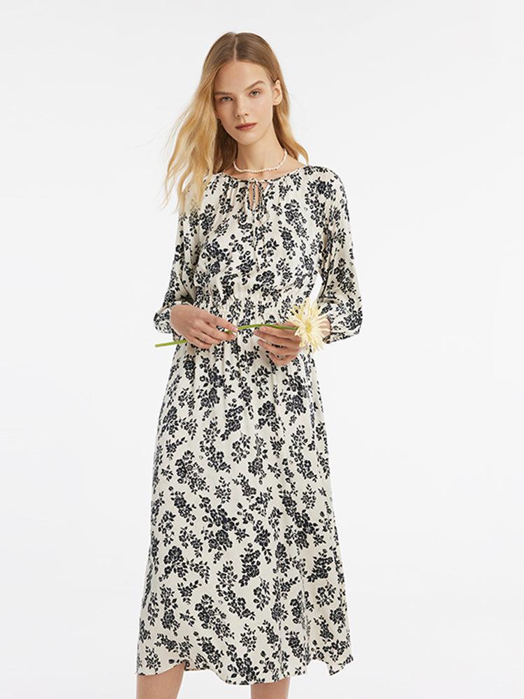Camellia Print Gathered Waist Women Midi Dress Product Image
