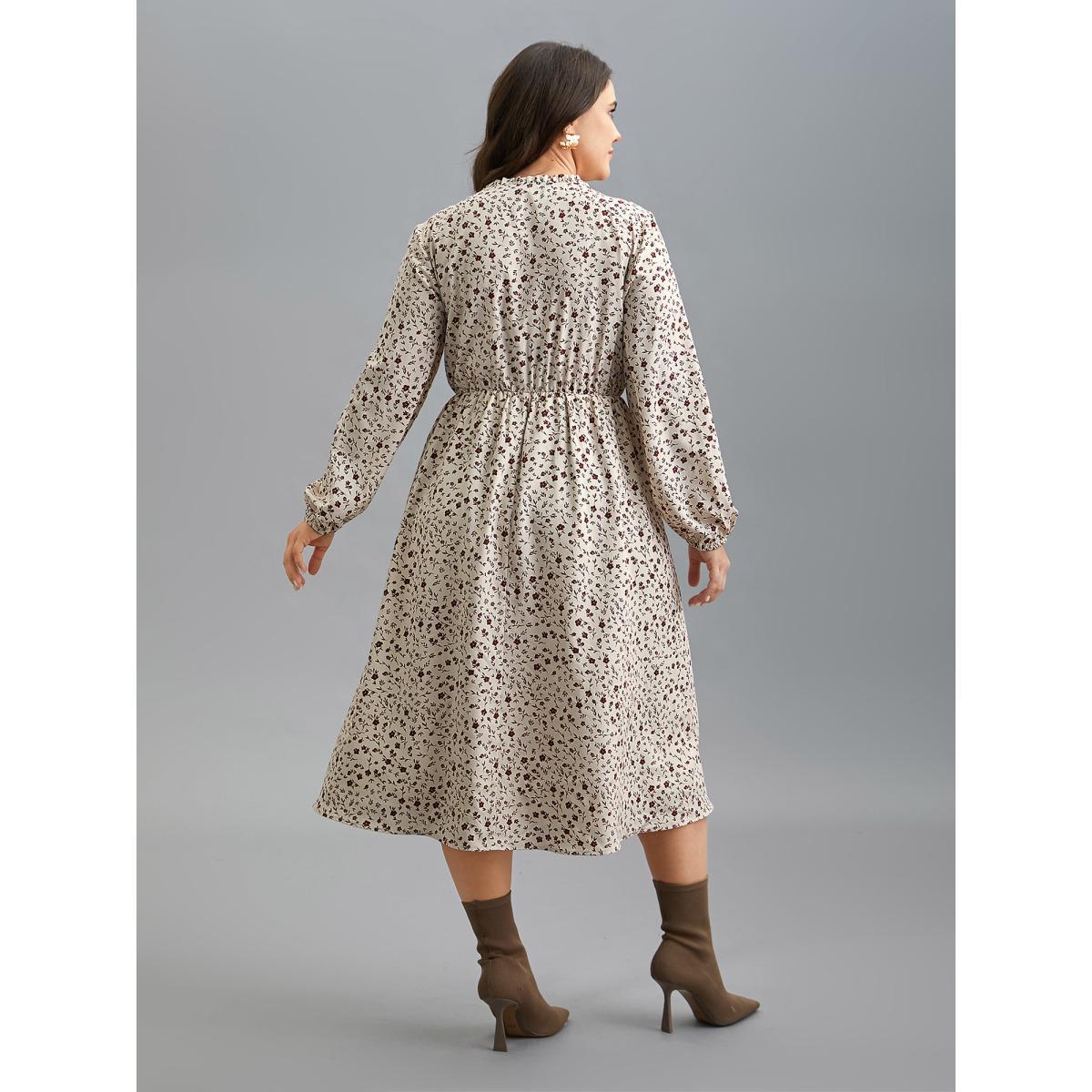 Plus Size Stretchy-Waist Printed Pockets Midi Dress Apricot Women Elegant Frill Trim Round Neck Long Sleeve Curvy BloomChic 14-16/1X Product Image